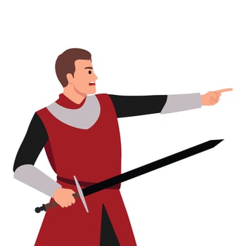 Young medieval warrior or knight with dirty wounded face holding big sword. vector