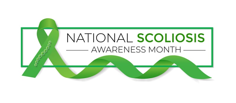 illustration on the theme of National Scoliosis awareness month observed each year in June. Green ribbon with human body design illustration. Banner poster, flyer and background design. vector