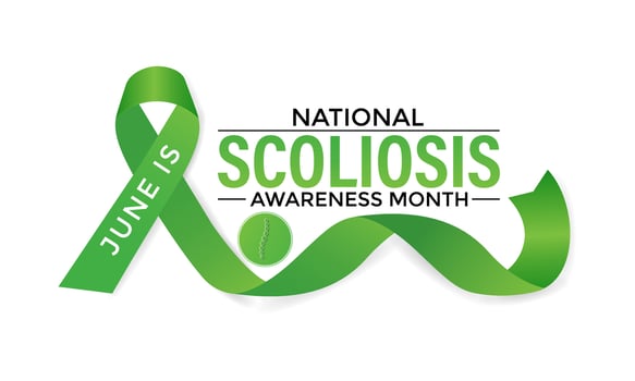 illustration on the theme of National Scoliosis awareness month observed each year in June. Green ribbon with human body design illustration. Banner poster, flyer and background design. vector