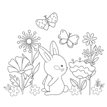 Cute rabbit among flowers and butterflies. Cartoon rabbit in nature. Simple childish coloring book. Kids illustration. vector