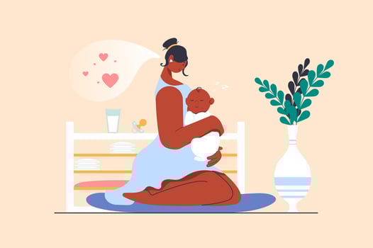 Motherhood concept with people scene in flat design. Young mother holding and hugging little newborn baby, enjoys her maternity and child care. illustration with character situation for web vector