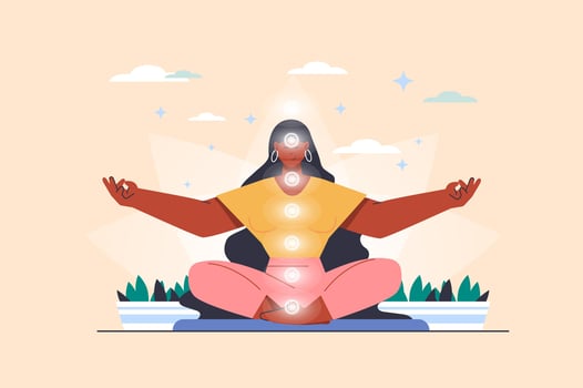 Chakras concept with people scene in flat design. Woman sits in lotus position and meditates, opens spiritual chakras and energy centers in body. illustration with character situation for web vector