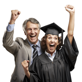 Exuberant Graduate in Cap and Gown Celebrating With Proud Mature Man Against a Transparent Background. png