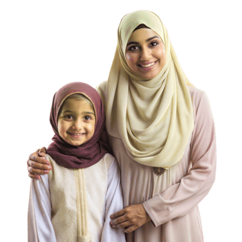 Warm, caring smiles of a mother and little daughter, both wearing traditional headscarves, on transparent background. png