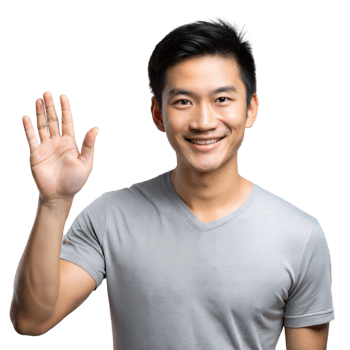 Smiling Young Man in Grey T-Shirt Waving Hello With Transparent Background png