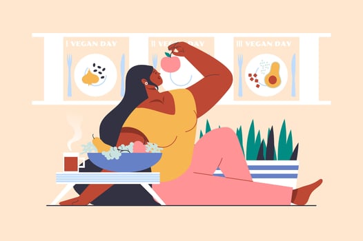 Vegetarianism concept with people scene in flat design. Woman follows veggie diet, eating fresh vegetables and fruits and cooking healthy meals. illustration with character situation for web vector