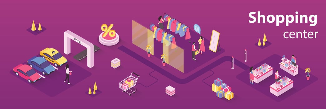 Shopping center concept 3d isometric infographics web banner. People choose clothes in boutique, buy goods on shelves of store in seasonal sales. illustration in isometry graphic design vector