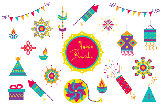 Diwali festival isolated elements set in flat design. Bundle of candles, garlands, fireworks, festive lanterns, oil lamps, crackers, mandalas, indian holiday ornaments and other. illustration. vector