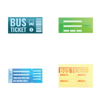 Bus pass icons set cartoon . Various bus ticket vector
