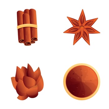 Various spice icons set cartoon . Aromatic cinnamon stick and star anise vector