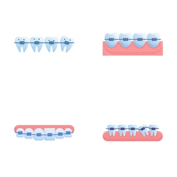 Orthodontic treatment icons set cartoon . Various brace system on teeth vector