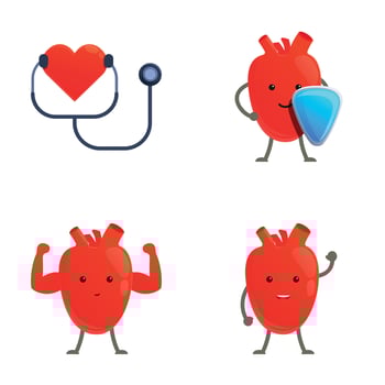 Healthy heart icons set cartoon . Cute happy healthy heart organ vector