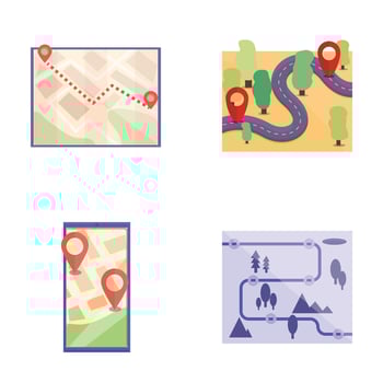Gps navigation icons set cartoon . Various navigation map on device screen vector