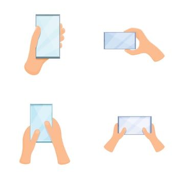 Telephone icons set cartoon . Hand holding mobile phone vector