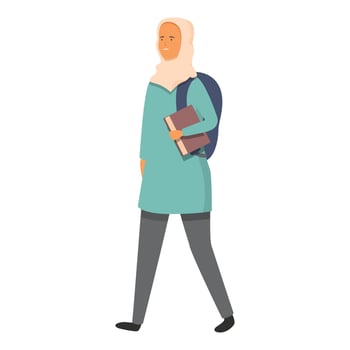 Happy woman hijab with backpack icon cartoon . With study book vector