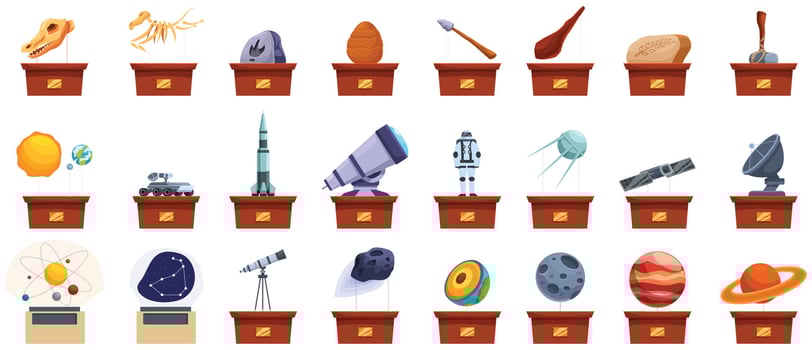 Science museum exhibits icons set cartoon . Space astronaut vector