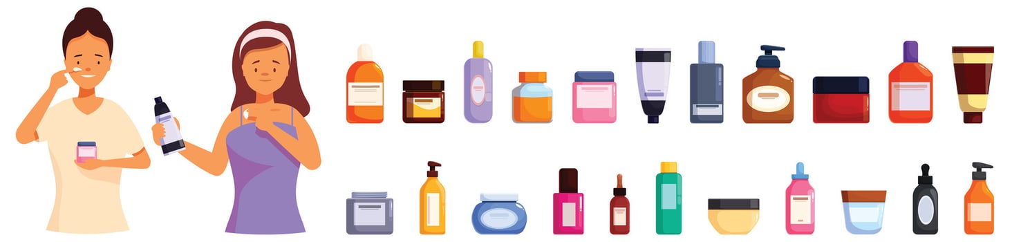 Cosmetic scrub icons set cartoon . Beauty peeling vector