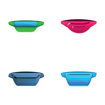 Bright bag icons set cartoon . Waist bag with various pocket vector