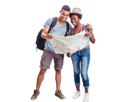 Young tourist with backpack and map png