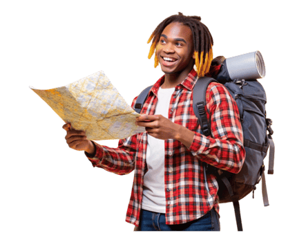 Young tourist with backpack and map png