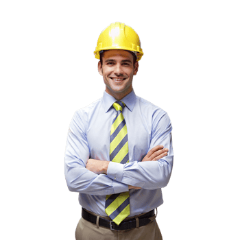 Smiling construction manager with yellow hard hat and work clothes on transparent background png
