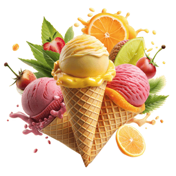Assortment of Colorful Ice Cream Scoops in Waffle Cones With Fresh Fruits on a Transparent Background png