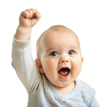 Cheerful Baby Boy Raising Hand High in a Joyful Gesture on a Transparent Background png