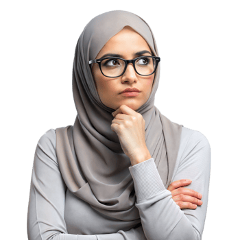 Young Woman in Hijab and Glasses Pondering With Hand on Chin Against Transparent Background png