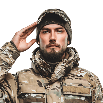 Portrait of male soldier in camouflage saluting on isolated transparent background png