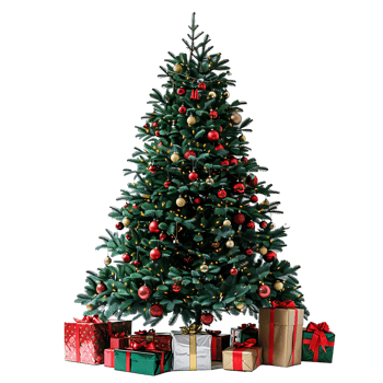 Christmas tree with gifts on isolated transparent background png