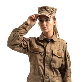 Female military personnel salute on isolated transparent background png
