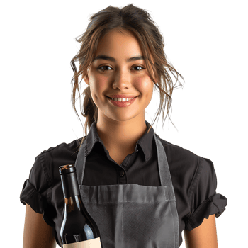 Portrait of beautiful smiling waitress holding bottle of wine on isolated transparent background png