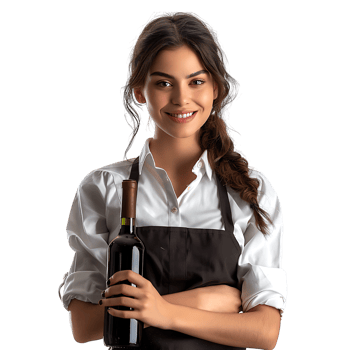 Portrait of beautiful smiling waitress holding bottle of wine on isolated transparent background png