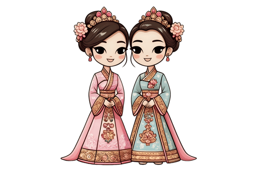 Two young women in traditional Chinese clothing are smiling at the camera png