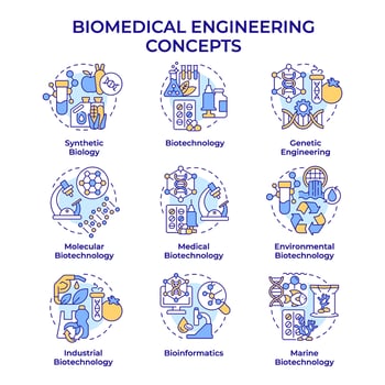 Biomedical engineering multi color concept icons. Biotech fields. Academic disciplines. Icon pack. Round shape illustrations. Abstract idea. Easy to use in presentation vector