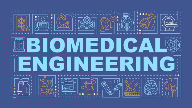 Biomedical engineering blue word concept. Biotechnology. Typography banner. Flat design. Illustration with title text, editable line icons. Ready to use vector