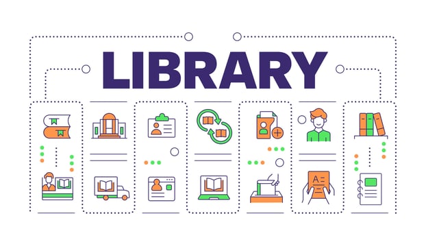 Library word concept isolated on white. ITSM technology. Book store workflow organization. Creative illustration banner surrounded by editable line colorful icons vector