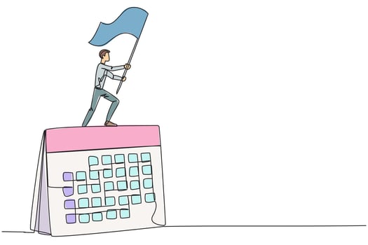 Single one line drawing of businessman standing on giant desk calendar raising flag. Starting small steps in a planned business pattern is key to success in achieving business profits. Continuous line vector