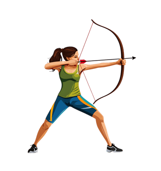 Focused female archer in action pose with bow and arrow on transparent background png