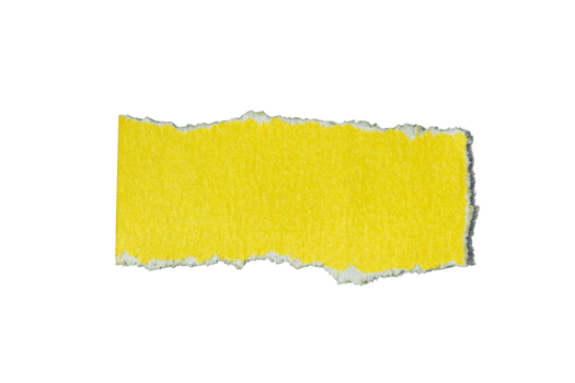 Ripped yellow paper piece isolated on transparent background. Torn paper with copy space. Top view, flat lay. png