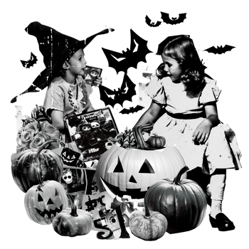 Monochrome vintage photo of halloween childs with pumpkins cut out image png