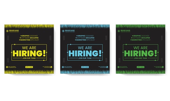Announcement job recruitment design for companies. Square social media post layout. We are hiring banner, poster, background template vector