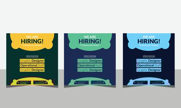 Announcement job recruitment design for companies. Square social media post layout. We are hiring banner, poster, background template vector