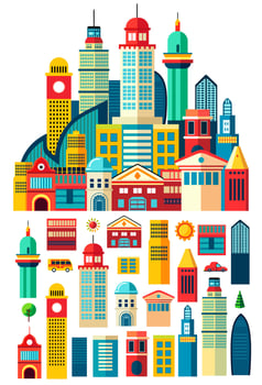 Landscape set of buildings silhouetted of low-rise and high-rise complexes and skyscrapers. Structural constructions placed urban objects vector