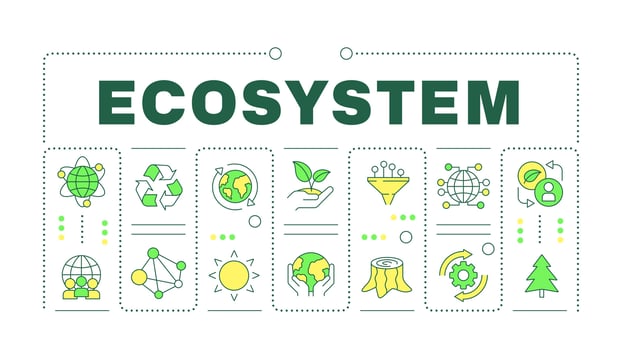 Ecosystem green word concept isolated on white. Biodiversity agriculture. Nature preservation. Creative illustration banner surrounded by editable line colorful icons vector