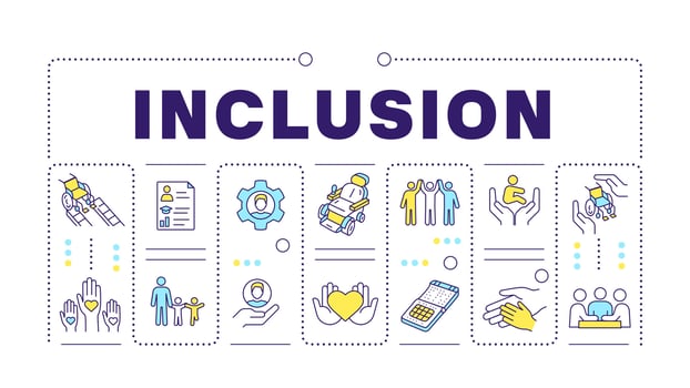Inclusion purple word concept isolated on white. Diversity business disability. Social justice. Creative illustration banner surrounded by editable line colorful icons vector