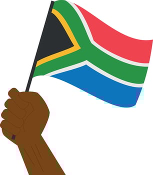 Hand holding and raising the national flag of South Africa vector