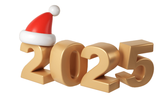 Winter 3d Happy New Year 2025 golden Numbers. Symbols cartoon render with red hat santa. Christmas decoration. Celebrate party Xmas Poster banner, cover card, brochure, flyer, layout design png