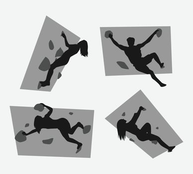 climbing wall silhouette collection set. sport, extreme, bouldering, rock, concept. different actions, poses. graphic illustration. vector