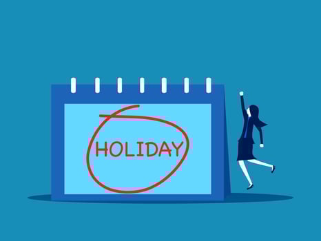 day to rest and recharge. Businesswoman jumping with joy to celebrate holiday with calendar vector